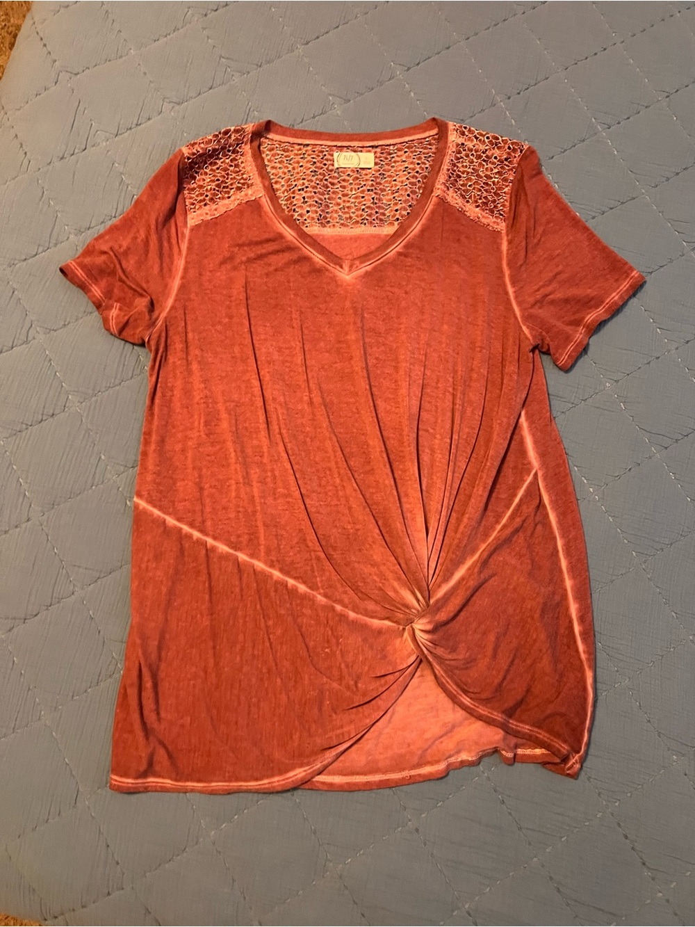 Women’s Pink Short Sleeve V-Neck Top with Crochet Yoke